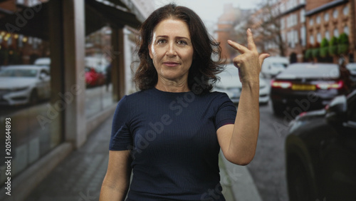 Картината върху платно Woman with exposed hand pointing thumb over shoulder and waving on a street with parked cars and shop windows and reflections; farewell calm