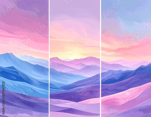 A serene triptych landscape painting of rolling purple and blue mountains under a vibrant pink and yellow sunset sky