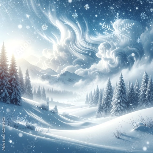 A serene snowy landscape with snowflakes gently falling