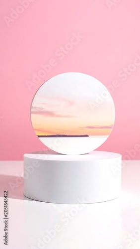 A serene sunset scene reflected in a sphere on a white pedestal