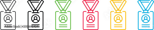 Fotografía Colorful outline icons of vertical identification badges with lanyards for corporate events, conference passes, staff ID and press credentials