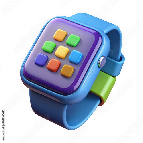 3D render of a colorful digital smartwatch with app icons, smartwatch, wearable isolated on transparent background