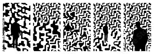 Photos Human silhouettes standing inside complex abstract maze patterns in conceptual a