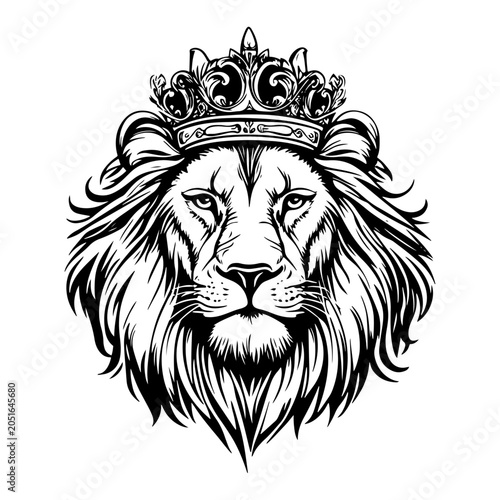 Bild auf Leinwand Lion head wearing a royal ornate crown in detailed black and white line art styl