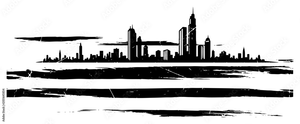 Obraz premium City skyline silhouette over distressed horizontal stripes in minimalist urban style