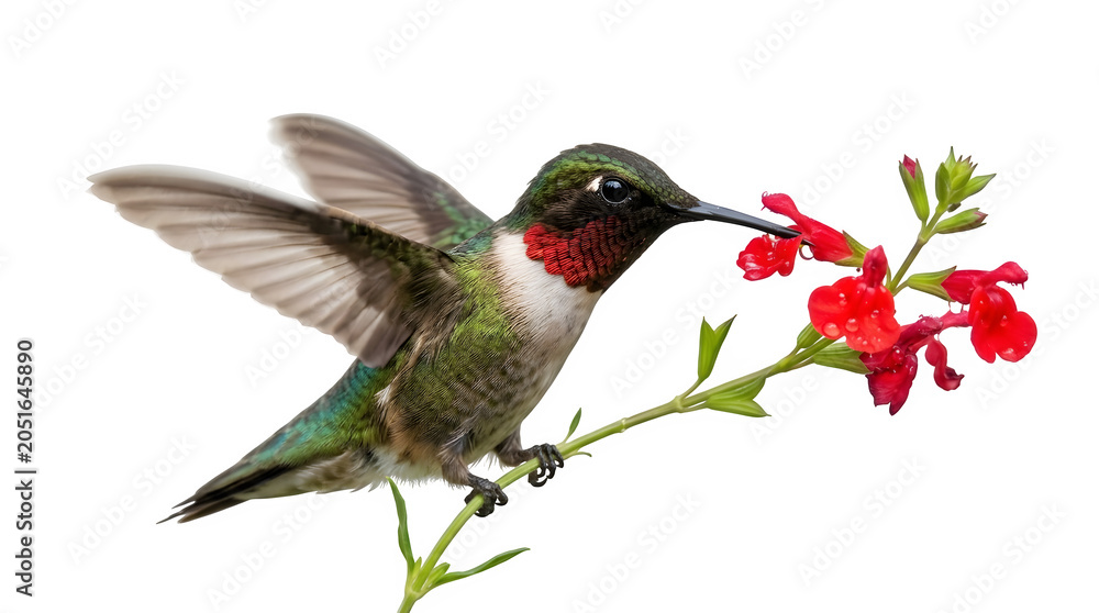 Obraz premium Rubythroated hummingbird hovering and feeding on red salvia flowers isolated on transparent background