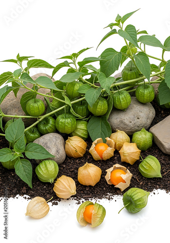 Fresh Physalis Fruits Harvested from Garden Soil Isolated on White Background