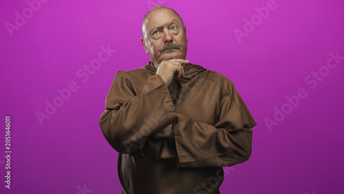 Foto Man with hand on chin in brown monk robe, bald senior hispanic cleric, frontal portrait against magenta backdrop in studio; serenity