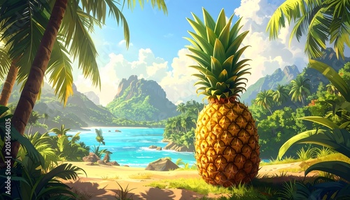A serene tropical beach scene featuring a vibrant pineapple