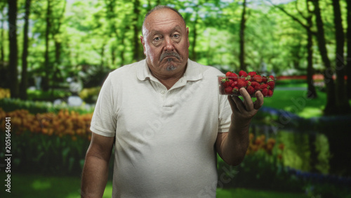Photography Man holding a clear plastic punnet of strawberries in his right hand in a forest setting, inspecting the fruit with a raised eyebrow; mild skepticism