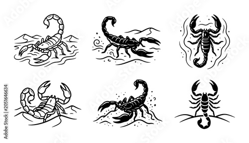 Foto Scorpion Vector Icons, Black and White Insect Illustrations, Desert Arachnid Gra