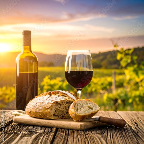 A serene sunset scene with wine, bread on a rustic table outdoors
