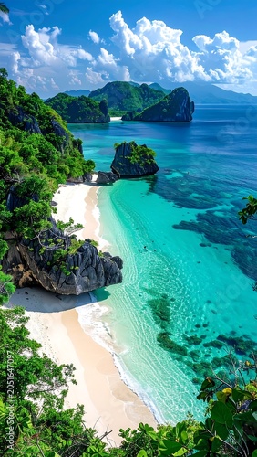 A serene tropical beach scene with turquoise water and lush greenery
