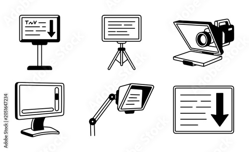 Quadro su tela Teleprompter Icons Set, Presentation Display, Speech Script Equipment, Broadcast