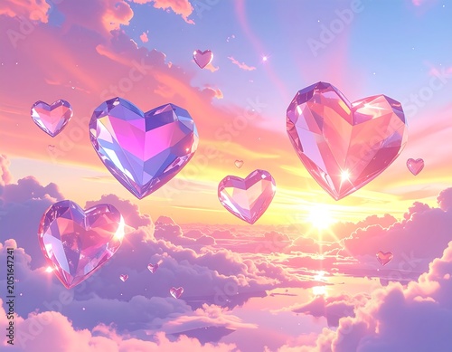 A serene sunset sky with pink and purple clouds, floating heart-shaped gems