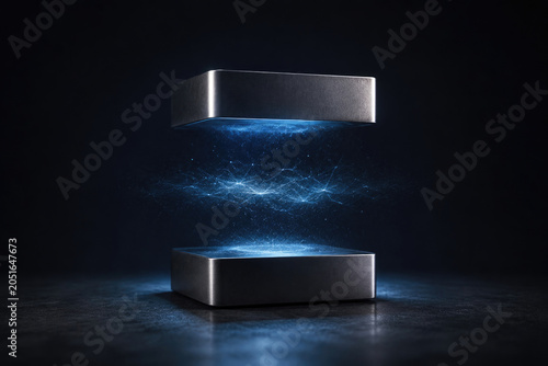 Floating metal blocks with glowing blue energy field.