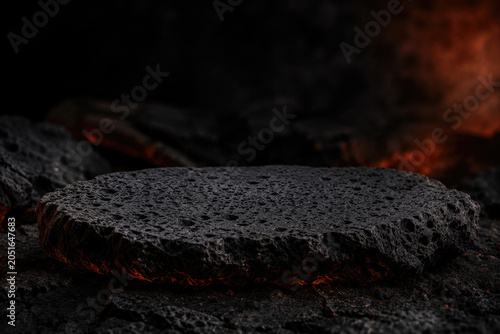 Dark porous volcanic stone with orange glow.