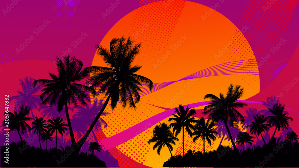 Obraz premium Tropical sunset landscape with palm tree silhouettes on vibrant purple and orange background, retro vaporwave style vector illustration