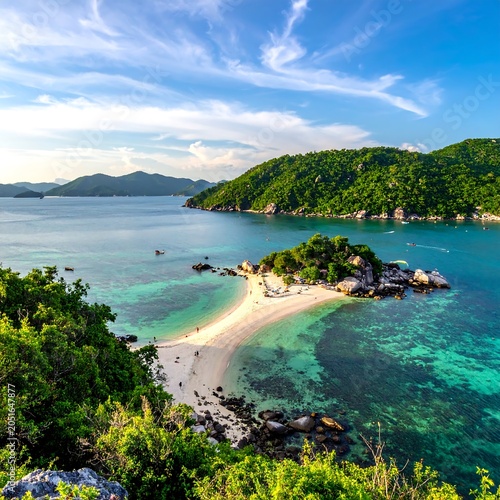 A serene tropical beach with turquoise water, lush greenery, and a small island
