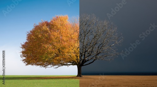 A stark, split image shows a vibrant autumn tree beside a barren, leafless winter counterpart