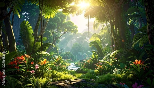 A serene tropical forest scene with sunlight filtering through dense foliage and vibrant flowers