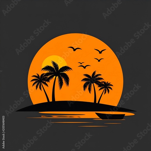 A serene tropical island at sunset with silhouetted palm trees, a boat, and birds