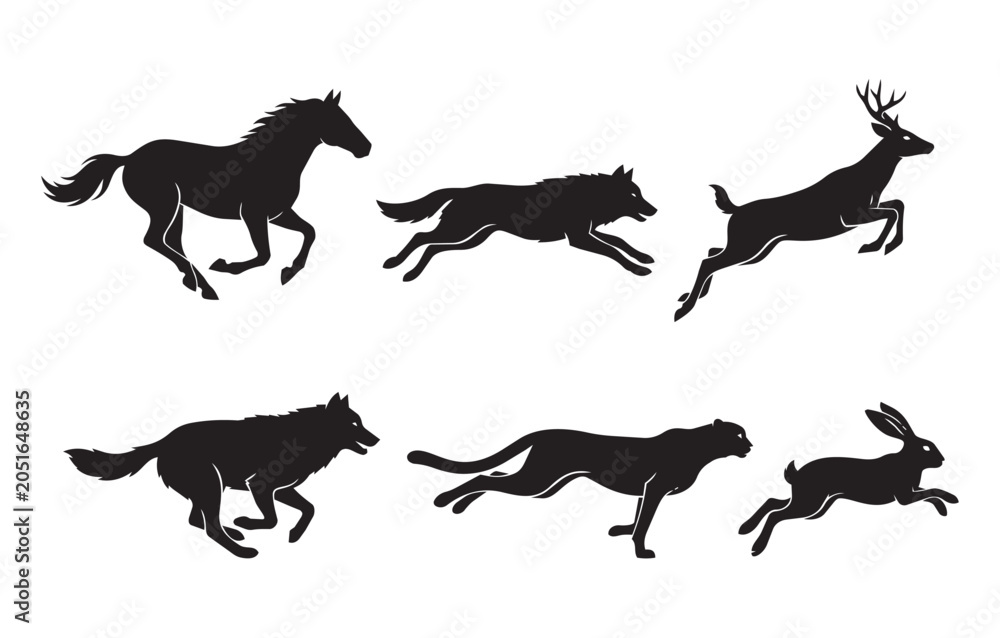 Fototapeta premium Set of silhouettes of running wild animals