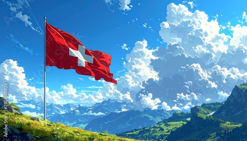 A serene Swiss flag waving on a lush green hillside