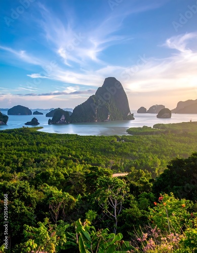 A serene tropical landscape featuring a large rock formation surrounded by lush greenery and calm waters under a blue sky with wispy clouds