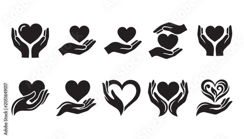 Set of hands holding hearts icons, charity and care symbols