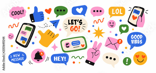 Social media chat stickers and messaging icons. Colorful flat vector illustration with phones, speech bubbles, likes, hearts, emojis, notifications and online communication symbols.