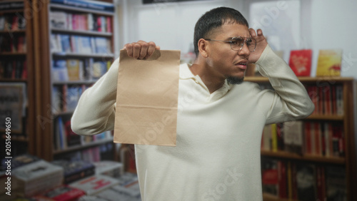 Photography Man holding a paper bag by one hand while lifting his other hand toward his head in a bookstore building among shelves of books; uncertainty pause