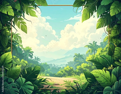 A serene tropical landscape with lush greenery and a dirt path leading to distant mountains under a blue sky with fluffy clouds