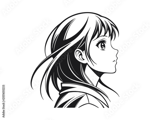 Anime style illustration of a young girl with flowing hair profile view