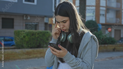 Fotografia Young woman with backpack and headphones holding smartphone, fingertip to temple, reading screen on street; concern