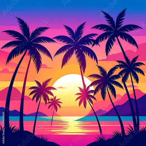 A serene tropical landscape with palm trees against a vibrant sunset over the ocean