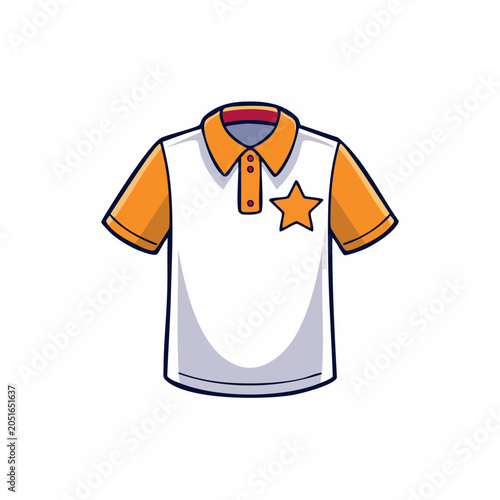 White and orange polo shirt with star emblem, flat illustration