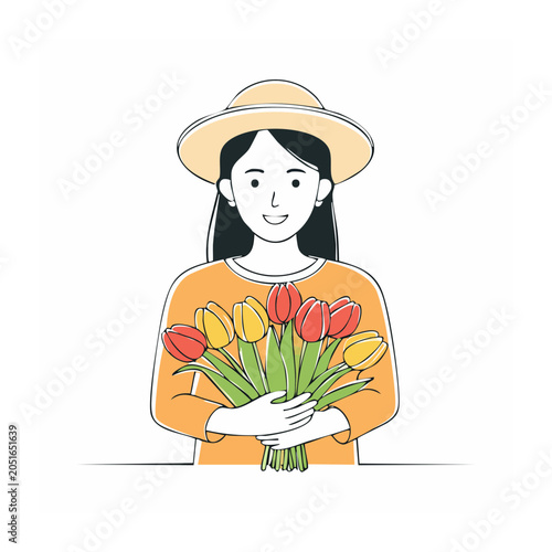 Woman in hat holding a bouquet of tulips