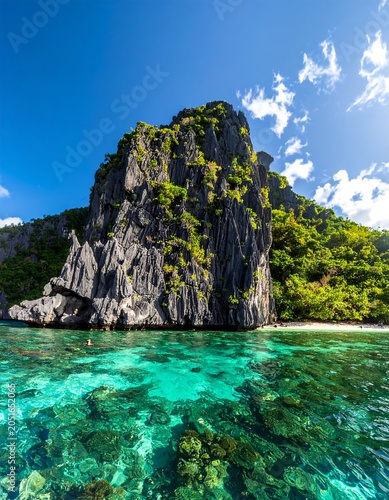 A serene tropical scene featuring a towering rocky cliff surrounded by vibrant turquoise waters and lush greenery under a clear blue sky