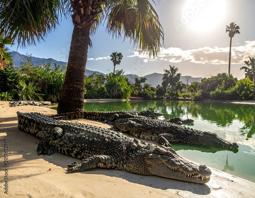 A serene tropical scene featuring three large crocodiles resting on sandy beach beside a tranquil body of water