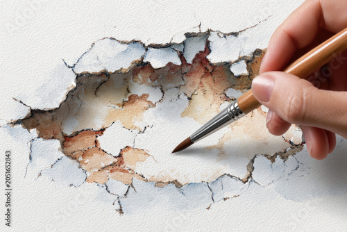 Hand painting cracks on textured paper with brush.
