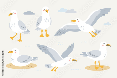 Cute white seagull vector set in flat style. Coastal summer illustration with birds, sand, clouds and sea elements. Perfect for kids design, print, poster, sticker, packaging and beach theme.