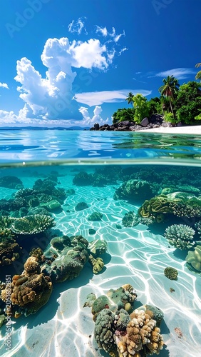 A serene tropical scene with crystal-clear waters and coral reefs