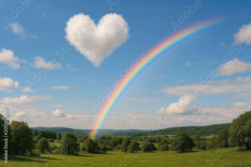 Rainbow and heart shaped cloud over green landscape.