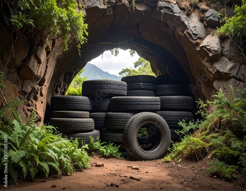 A serene tunnel entrance with stacked tires and lush greenery