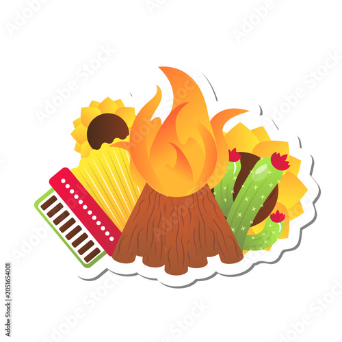 Festa Junina and Sao Joao elements including a campfire accordion sunflowers and cactus isolated on transparent background