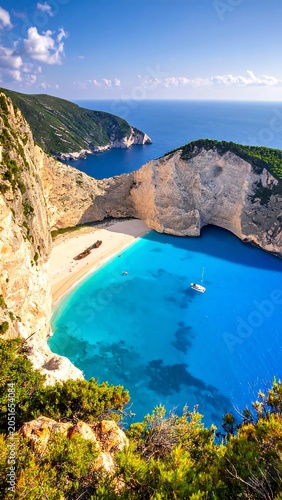 A serene turquoise bay nestled between rugged cliffs and lush greenery