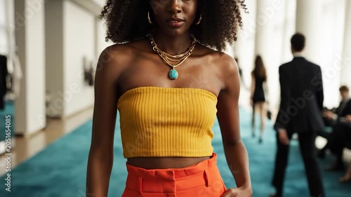 Stylish Black woman wearing a yellow tube top and orange trousers at a fashion event