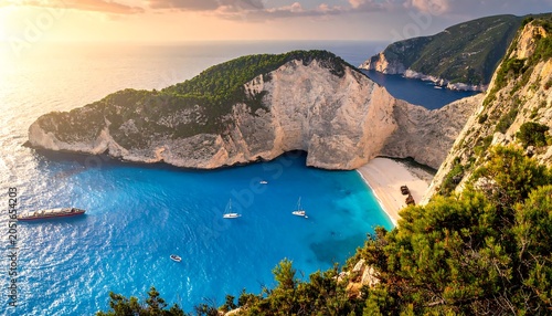 A serene turquoise bay nestled between rugged limestone cliffs covered in lush greenery