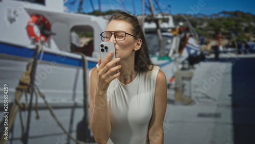 Schilderij op canvas Woman kissing smartphone at port pier while laughing and holding phone to lips; joy connection travel